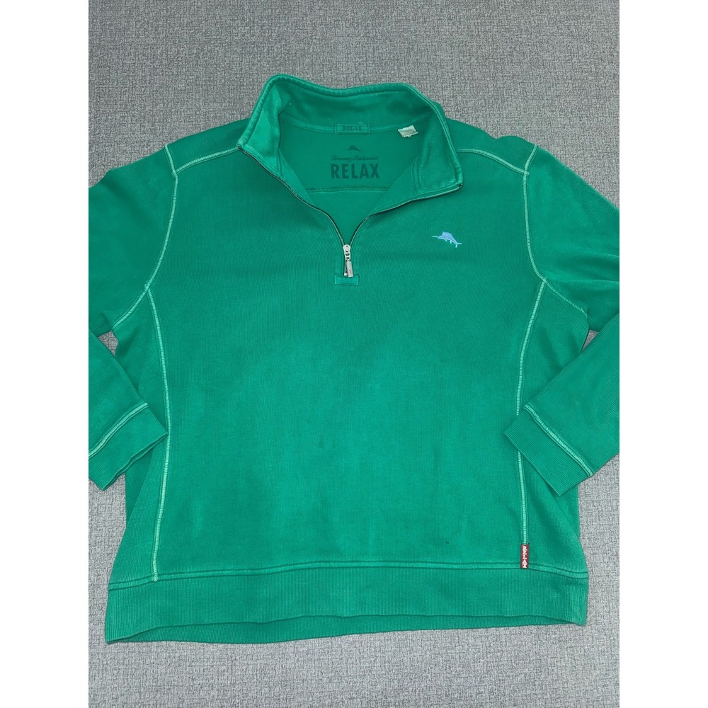Tommy Bahama XL Pullover Green Relax Quarter Zip Ribbed Cotton Knit Sweatshirt